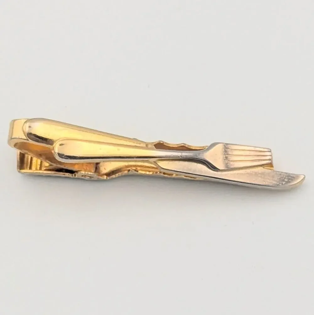Vintage Fork & Knife Tie Clip | Mid Century Gold Tone Novelty Tie Bar Chef Gift
